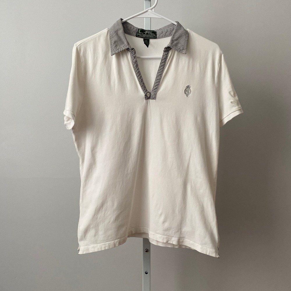 Lauren Ralph‎ Lauren L White Polo Shirt Striped Trim V-Neck Crest Active Sport